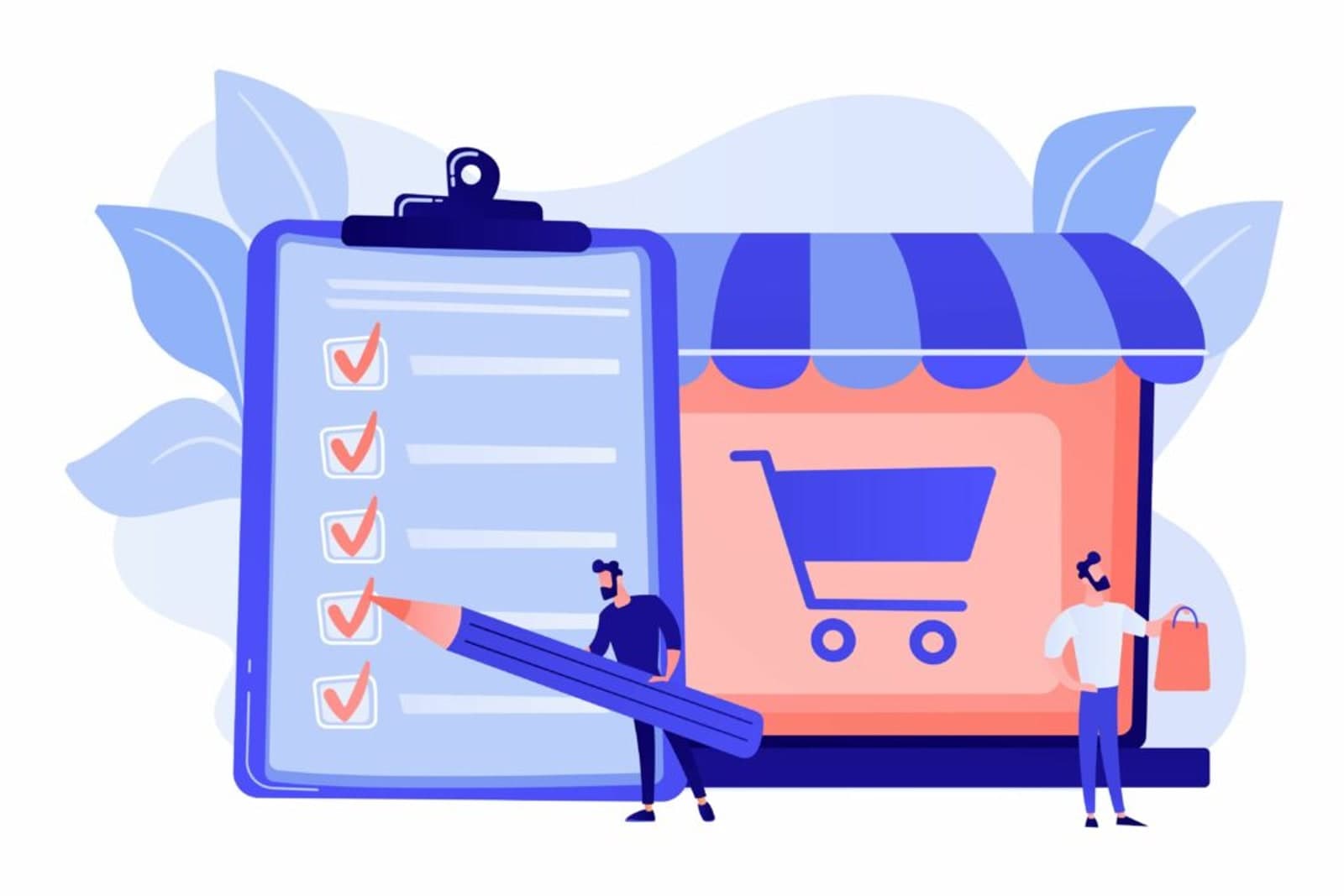 Flat illustration: a merchant ticking off a checklist beside an online storefront with a shopping cart and a customer.