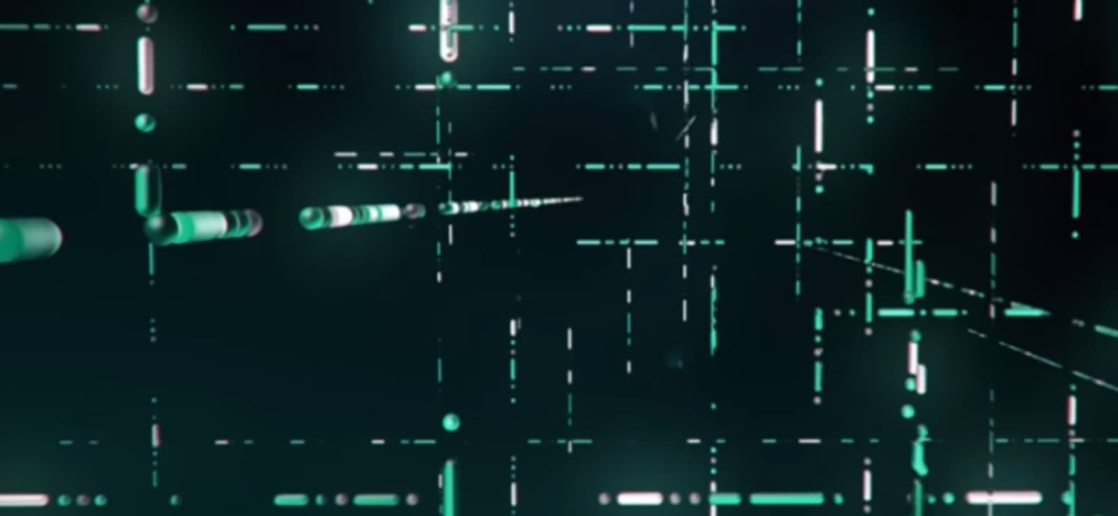 Abstract dark green graphic of dashed lines and glowing capsules, the key visual of Shopify Unite 2021.
