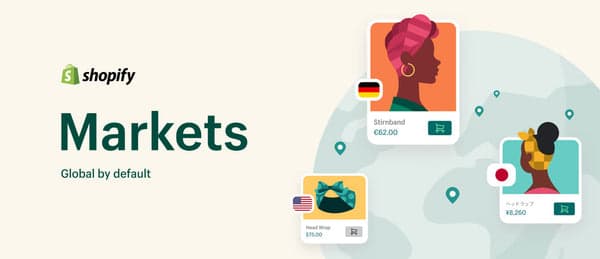 Shopify Markets key visual: product cards with German, US and Japanese flags priced in euros, dollars and yen