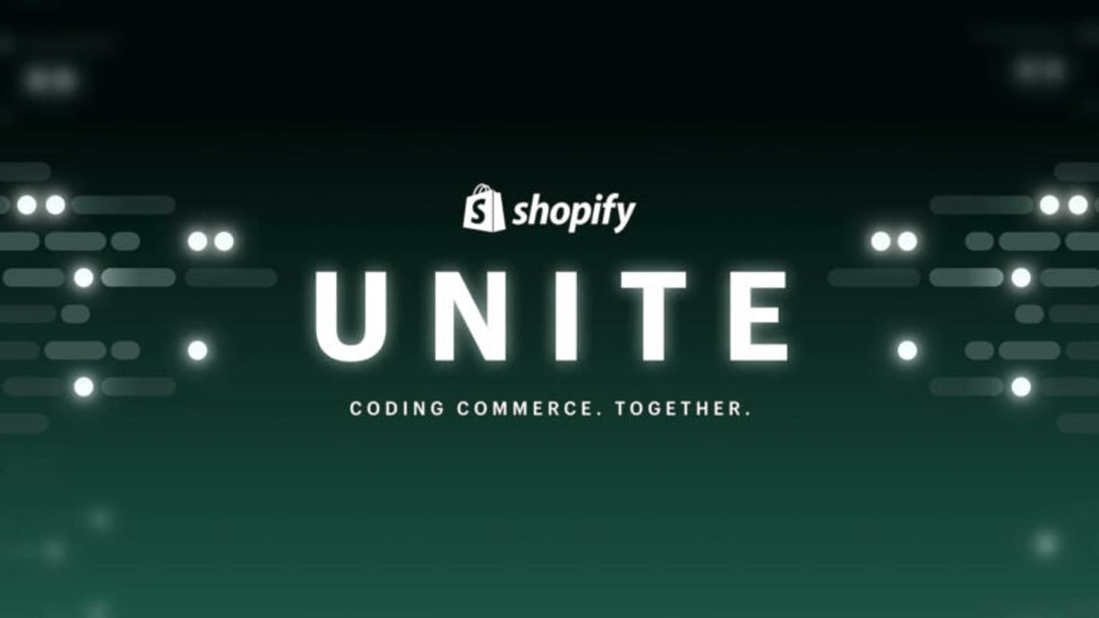 Key Visual der Shopify Unite: das Wort UNITE auf dunkelgrünem Code-Muster mit dem Claim „Coding commerce. Together.“