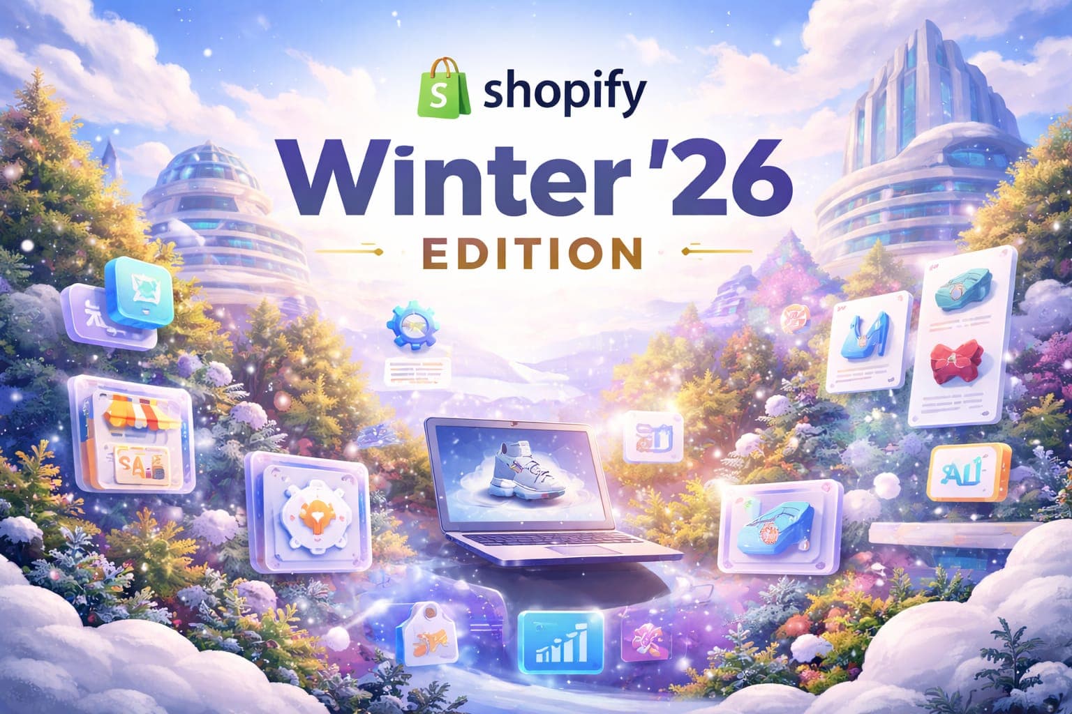 Illustrated snowy landscape with the Shopify logo, the Winter '26 Edition title and floating storefront and product cards.
