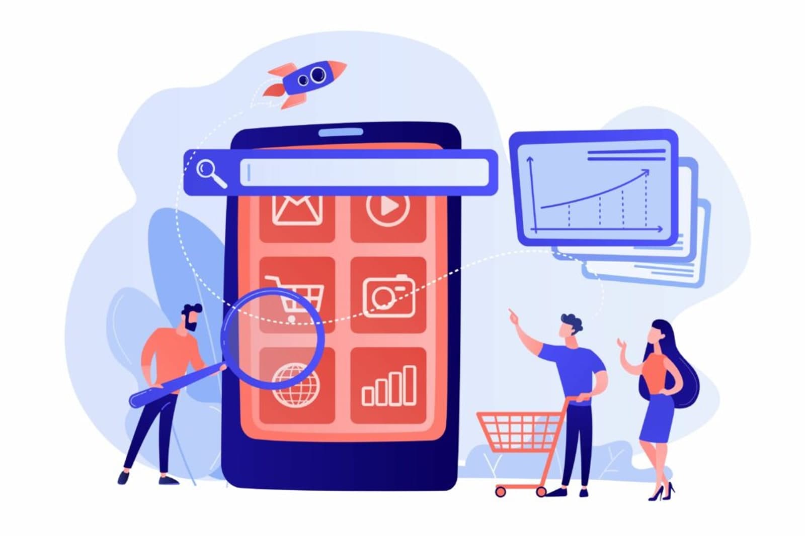 Flat illustration: a search bar over a phone storefront, someone inspecting it with a magnifier, and a rising chart.