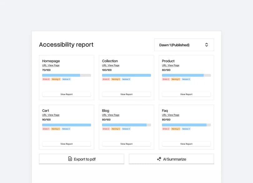 The Accessibility Check app showing an accessibility report for a store's pages