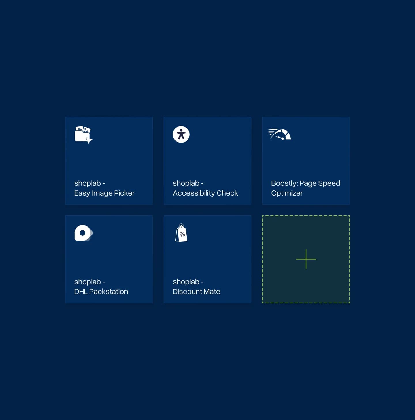 A grid of shoplab-built Shopify apps: Easy Image Picker, Accessibility Check, Boostly page speed, DHL Packstation and Discount Mate