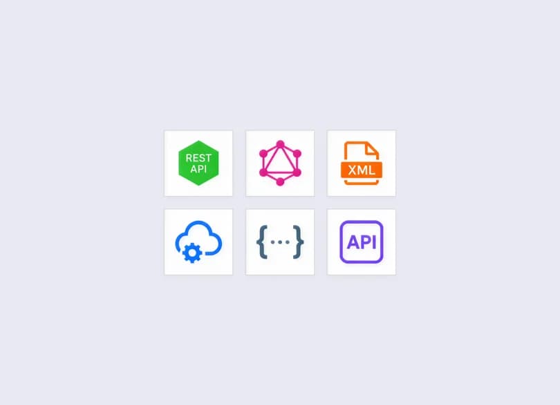 Logos representing the APIs we work with: REST, GraphQL and XML