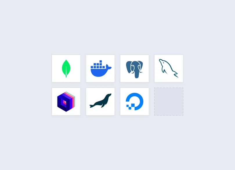 Logos of the databases and hosting we use, including MongoDB, PostgreSQL, MySQL, Docker and DigitalOcean