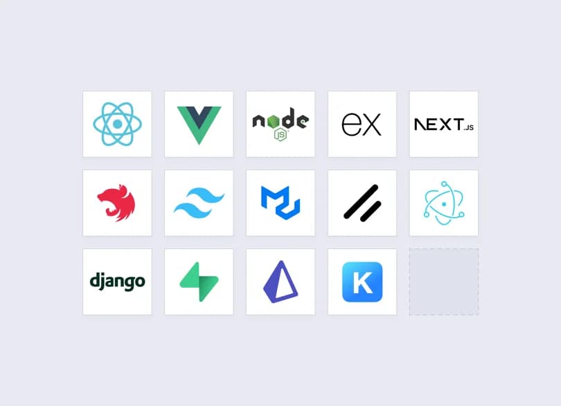 Logos of the frameworks we build with, including React, Vue, Node.js, Express and Next.js