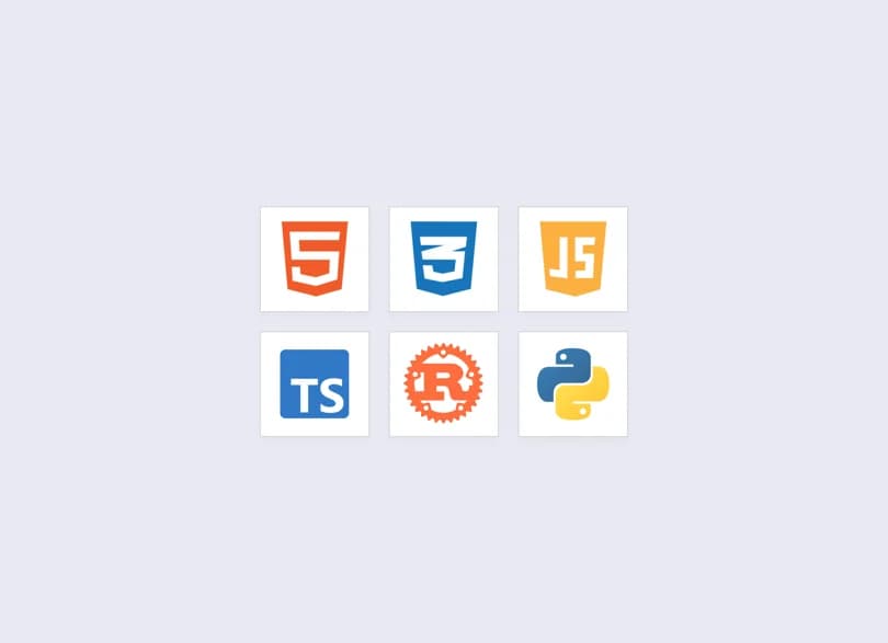 Logos of the languages we code in, including HTML, CSS, JavaScript, TypeScript, Rust and Python