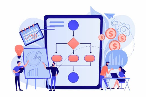 Illustration: a team mapping a workflow on a tablet, next to a calendar, charts and coins