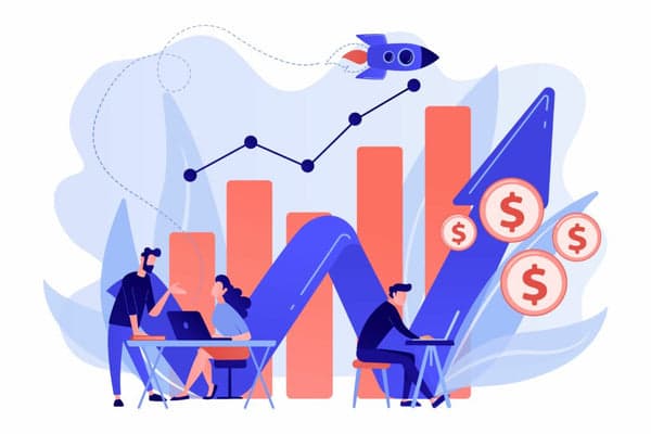 Illustration: a team at laptops in front of a rising bar chart with a rocket and dollar coins