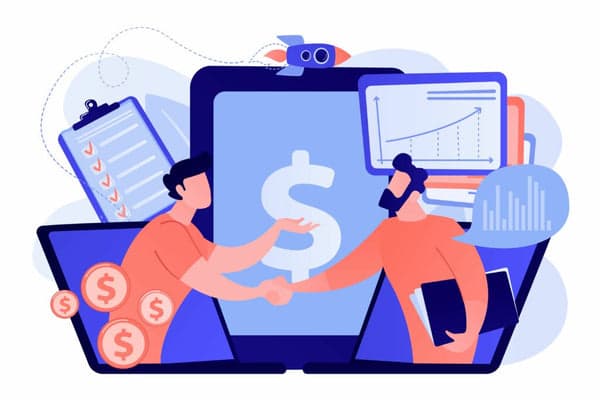 Illustration: two people shaking hands in front of screens showing a dollar sign, a checklist and a revenue chart