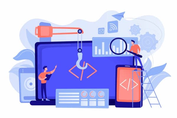 Illustration: developers building a store - code brackets on a monitor and a phone, plus a crane, a magnifier and gears