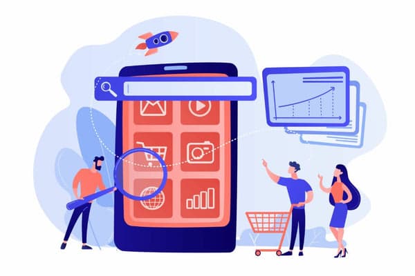 Illustration: a large smartphone with a search bar and app grid, with customers, a shopping cart and a magnifier in front of it