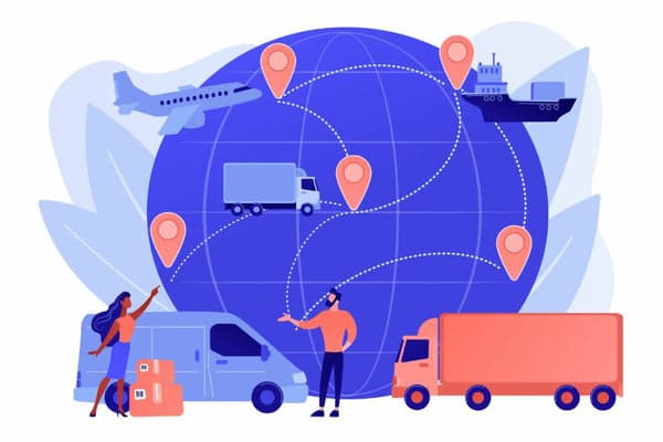 Illustration: a globe criss-crossed by shipping routes, with a plane, a cargo ship and delivery vans