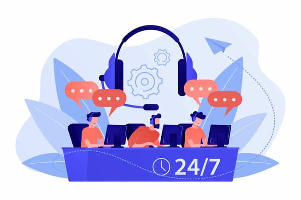 Illustration: a support team wearing headsets at a 24/7 service desk, surrounded by chat bubbles