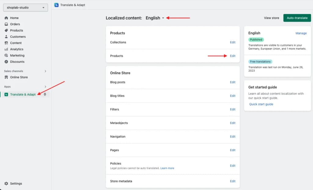 „Translate & Adapt“ im Shopify-Admin: oben ist die Sprache „English“ ausgewählt, in der Liste ist der Bereich „Products“ zum Bearbeiten markiert