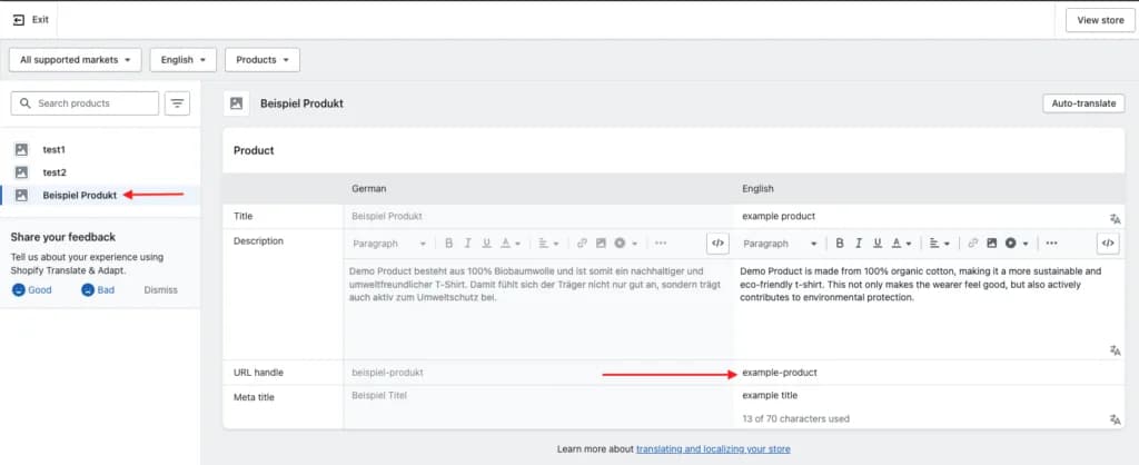 Übersetzungsansicht eines Beispielprodukts in Translate & Adapt: links die deutsche Quelle, rechts die englische Übersetzung, das URL-Handle steht auf „example-product“