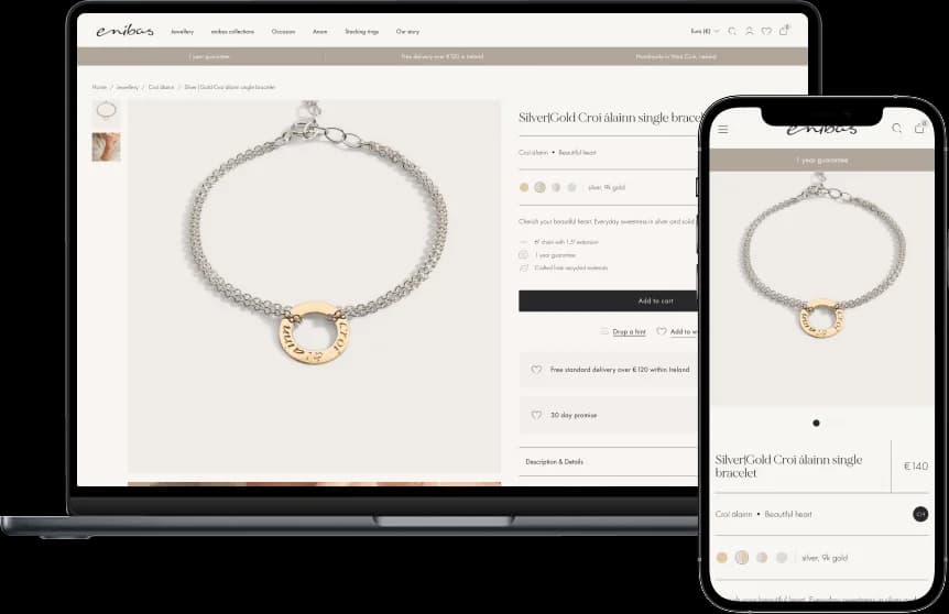 enibas Produktseite für ein Silver|Gold Croí álainn Armband mit Preis, Metalloptionen und Add-to-Cart-Button
