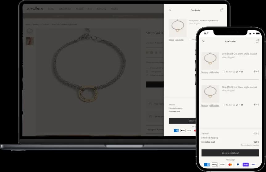 enibas Warenkorb-Panel mit zwei Armbändern, einer Geschenkoption, Zwischensumme und Secure-Checkout-Button