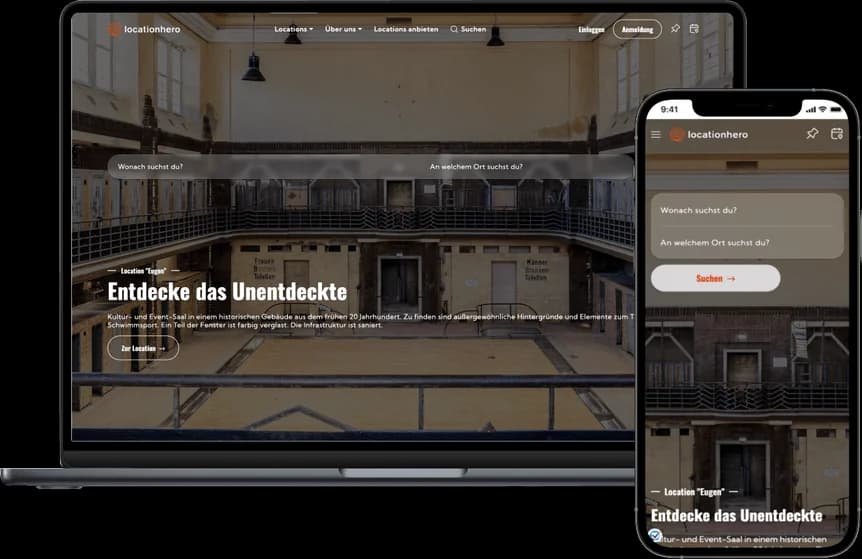 locationhero-Startseite auf Laptop und Smartphone mit Suchleiste und vorgestellter Location Eugen