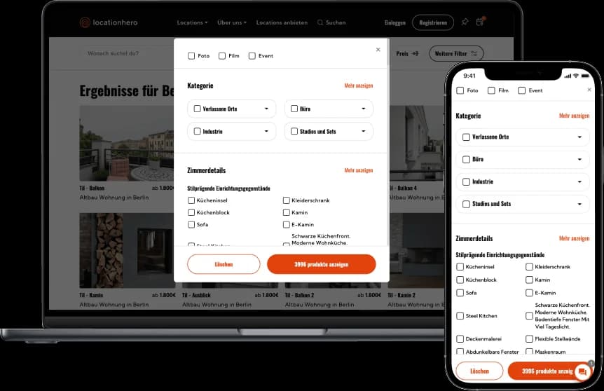 Geöffnetes Filterfenster auf Laptop und Smartphone mit Kategorie- und Ausstattungsfiltern über den Suchergebnissen