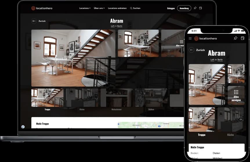 locationhero-Locationseite für Abram, ein Loft in Berlin, mit Fotogalerie, Motiv-Tabs und Karte, auf Laptop und Smartphone