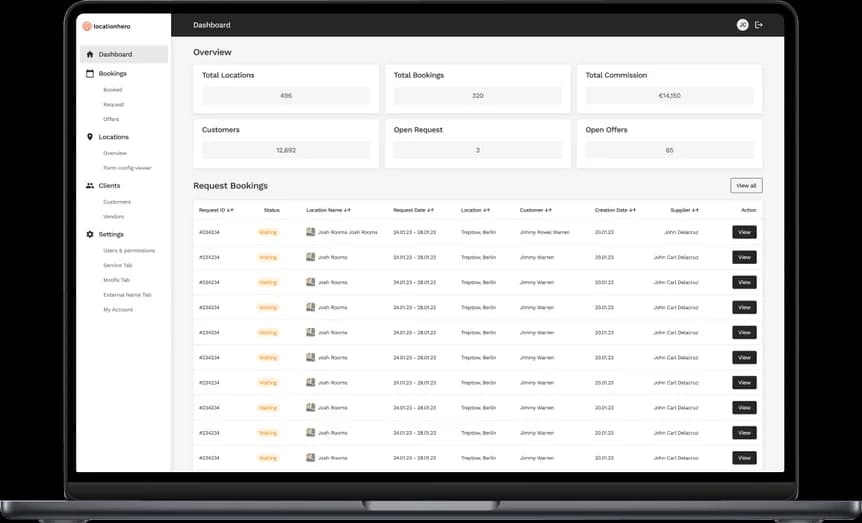 Individuelles Admin-Dashboard auf dem Laptop mit Kennzahlen zu Locations, Buchungen und Provisionen sowie einer Buchungsanfragen-Tabelle