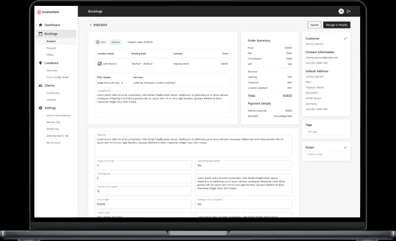 Buchungsdetailseite im Admin-Bereich auf dem Laptop mit Bestellübersicht, Angebotsdetails und Kundeninformationen