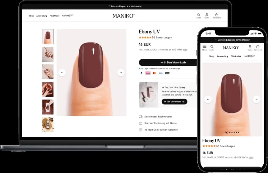 Laptop und Smartphone zeigen eine Maniko-Nails-Produktseite für einen dunkelroten Gel-Lack mit Bildergalerie, Sternebewertung, Preis und Warenkorb-Button