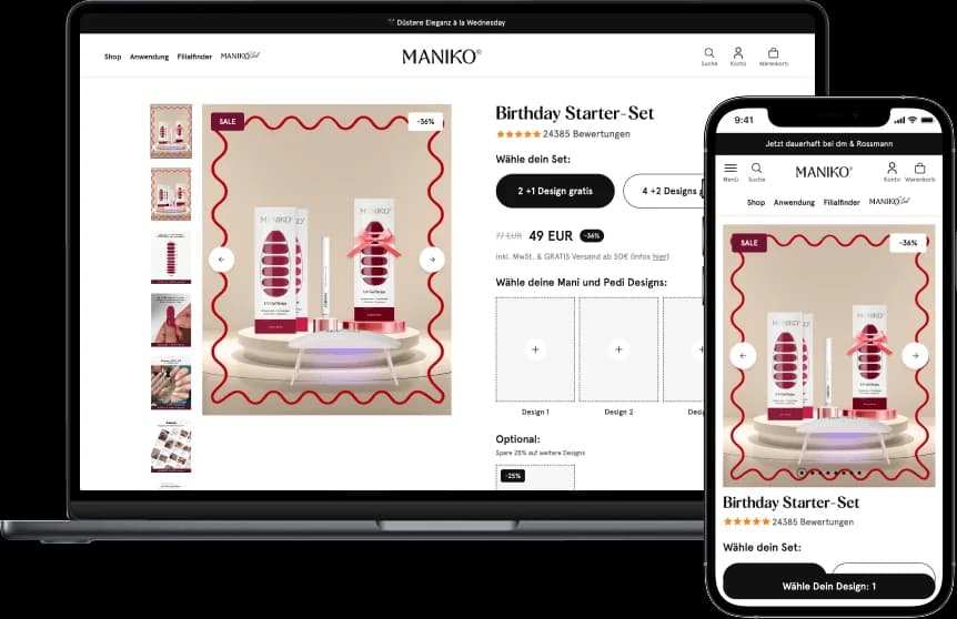Laptop und Smartphone zeigen die Seite des Maniko-Nails-Geburtstags-Starter-Sets mit reduziertem Preis und einem Raster zur Auswahl der Mani- und Pedi-Designs