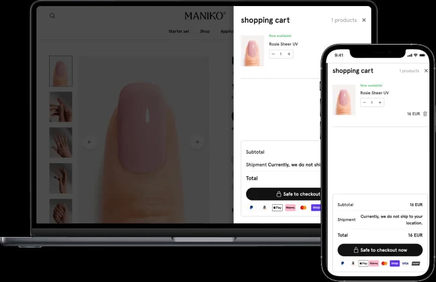 Laptop und Smartphone zeigen den Maniko-Nails-Warenkorb mit einem Artikel, Zwischensumme und einem Checkout-Button