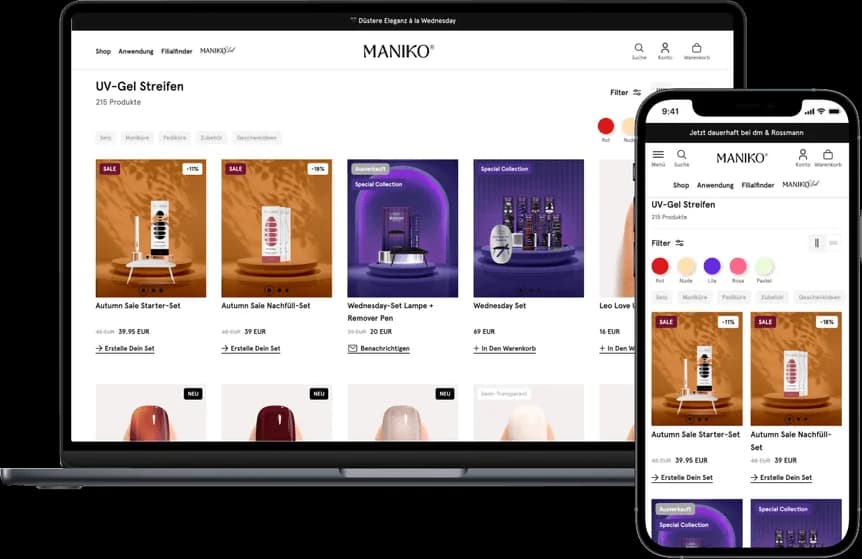 Laptop und Smartphone zeigen die Maniko-Nails-Kategorieseite für UV-Gel-Streifen mit Filteroptionen und einem Raster von Produktkacheln