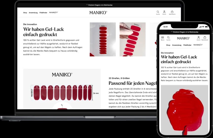 Laptop und Smartphone zeigen die Maniko-Nails-Anwendungsseite mit Produktfotos und einer Nagelgrößentabelle