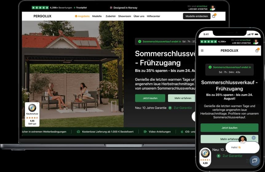 PERGOLUX-Startseite auf Laptop und Smartphone mit einem Countdown-Banner zum Sommerschlussverkauf über einem Lifestyle-Foto einer Pergola mit Sitzgelegenheiten
