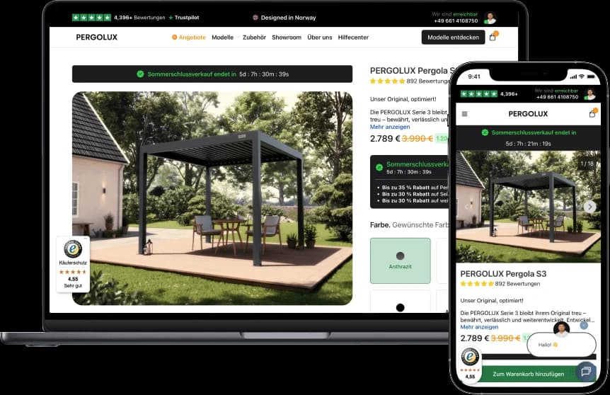 Produktseite der PERGOLUX Pergola S3 auf Laptop und Smartphone mit Preis, Farboptionen und Bewertungen neben einem Foto der Pergola auf einer Terrasse
