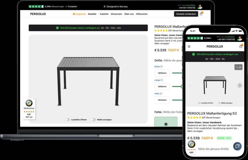 Konfigurator für die maßgefertigte Pergola auf Laptop und Smartphone mit Feldern für Breite, Länge und Höhe sowie einem Schalter zum Öffnen der Lamellen