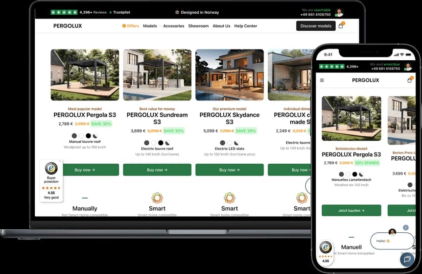PERGOLUX-Kategorieseite auf Laptop und Smartphone mit mehreren Pergola-Modellen nebeneinander inklusive Preisen, Rabatten und Dach-Badges