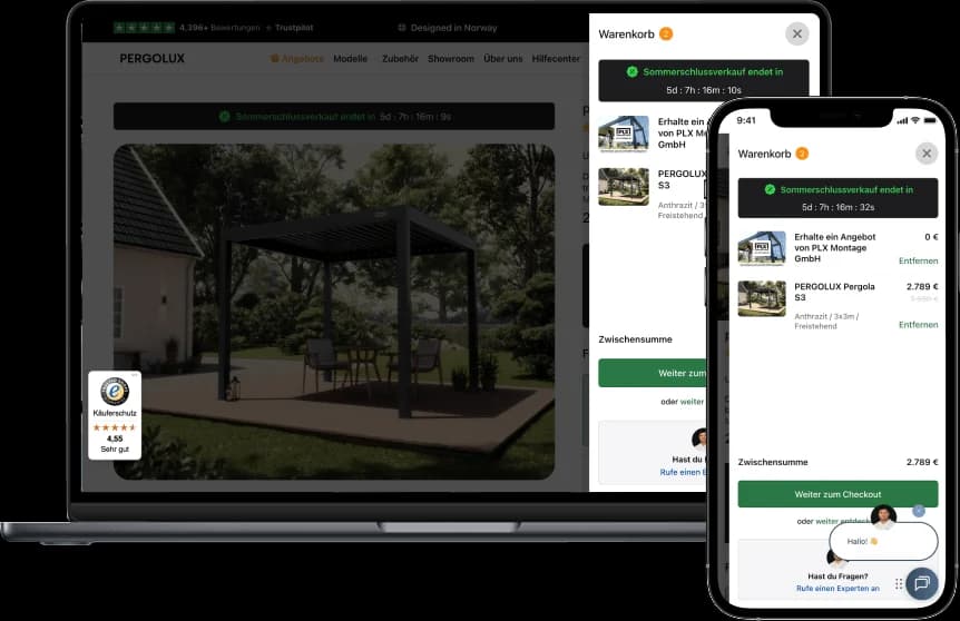 Geöffnete Warenkorb-Schublade auf Laptop und Smartphone mit einem Pergola-Artikel, einem Montage-Angebot und der Zwischensumme über dem Checkout-Button