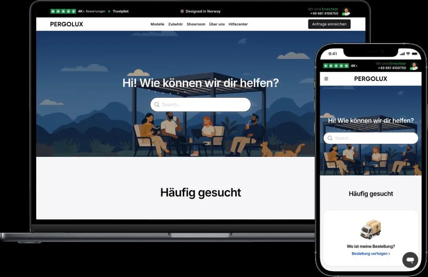 PERGOLUX-Hilfe-Center auf Laptop und Smartphone mit Suchfeld über einer illustrierten Pergola-Szene und einem Bereich für häufig gesuchte Themen darunter