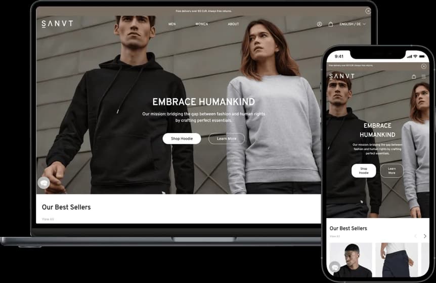 SANVT-Startseite auf Laptop und Smartphone mit Hero-Bereich und Bestseller-Sektion