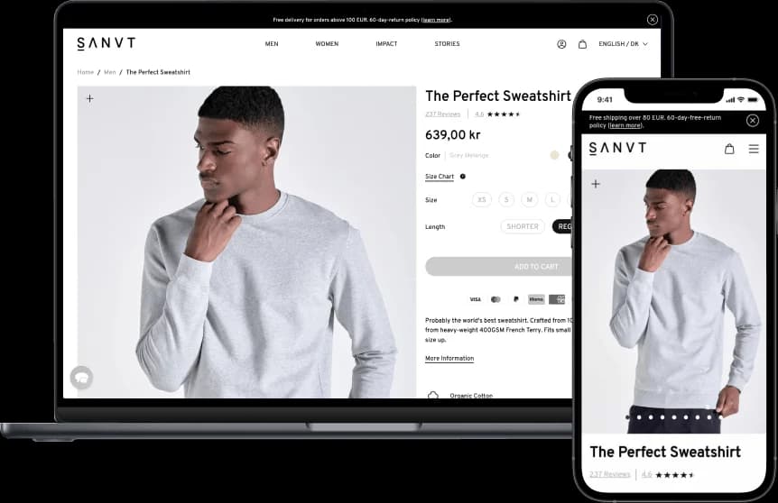 SANVT-Produktseite von The Perfect Sweatshirt mit Farb- und Größenauswahl auf Desktop und Mobile