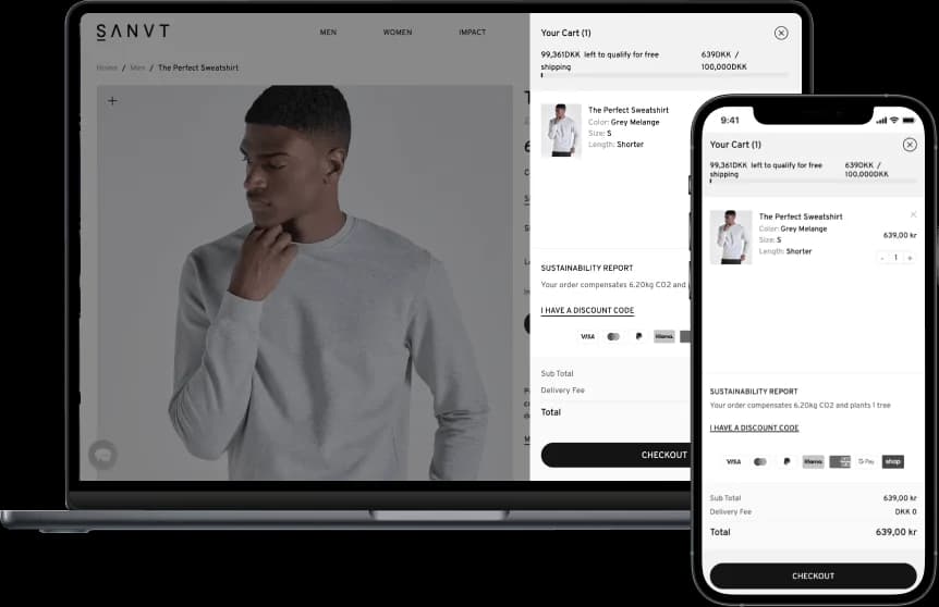 SANVT-Warenkorb mit Bestellübersicht, Nachhaltigkeitsbericht und Checkout-Button auf Desktop und Mobile