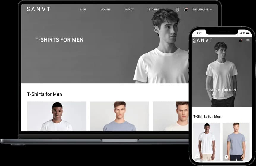 SANVT-Kategorieseite für Herren-T-Shirts mit Produktraster auf Desktop und Mobile