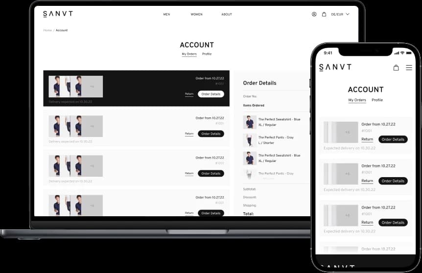 SANVT-Kontoseite mit Bestellhistorie sowie Retouren- und Bestelldetails auf Desktop und Mobile