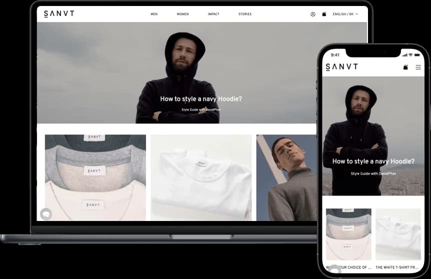 SANVT-Blogseite mit einem Styleguide-Artikel und verwandten Beiträgen auf Desktop und Mobile