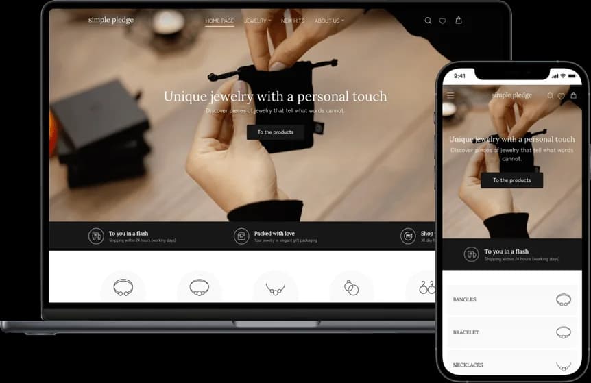 Startseite von Simple Pledge auf Laptop und Smartphone mit Hero-Bild, einer Hand mit Schmuckbeutel und Hinweisen zu Versand und Geschenkverpackung.