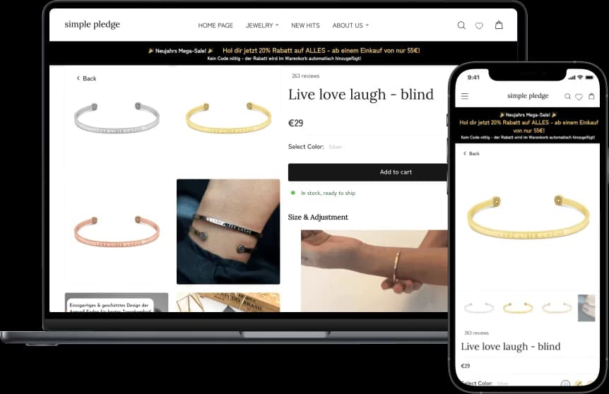 Produktseite des Armreifs „Live love laugh – blind“ mit Farbauswahl, Preis und einem Tragefoto am Handgelenk.