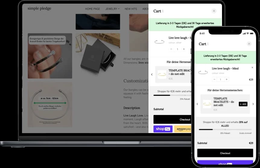 Warenkorb-Overlay mit einem Armreif als Position, einem Cross-Selling-Angebot, Zwischensumme und Checkout-Buttons inklusive Shop Pay und Amazon Pay.
