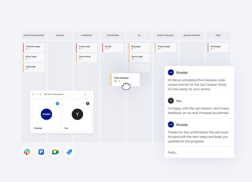 Project board with design phases and client feedback messages