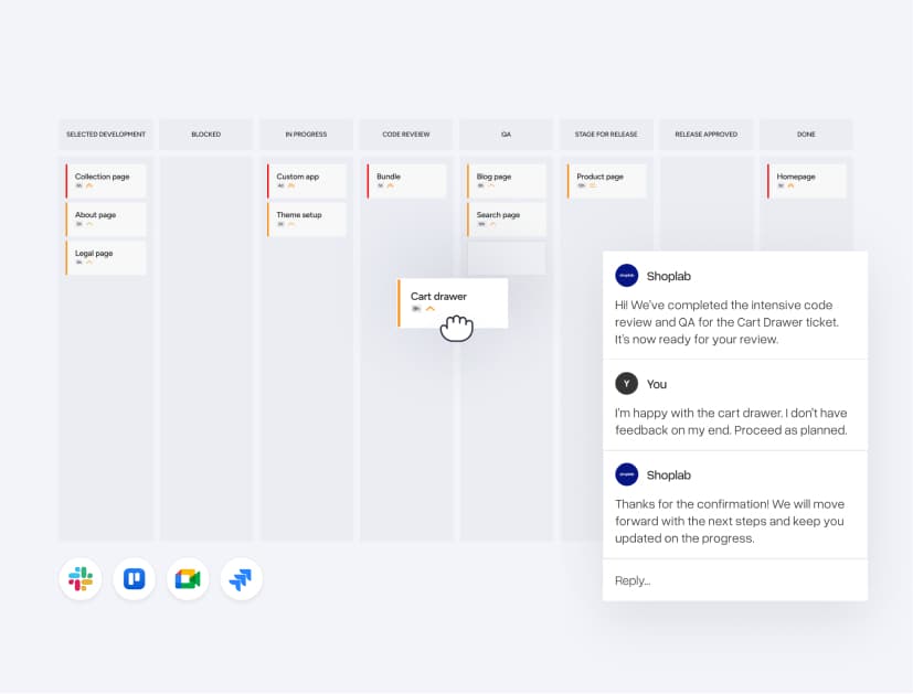 Ein Projektboard, das den Theme-Entwicklungs-Workflow verfolgt